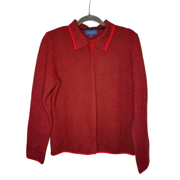 J. McLaughlin Red Black Pattern Long Sleeve Collared Sweater Cardigan Sz M Wool - Picture 1 of 6